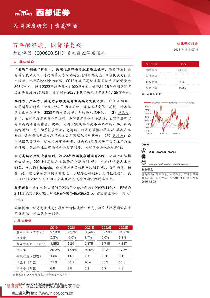 西部证券:百年酿经典,国货谋复兴——青岛啤酒(600600.SH)首次覆盖深度报告