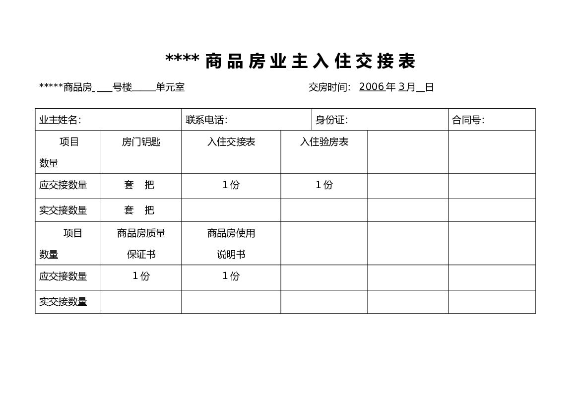 业主入住交接表
