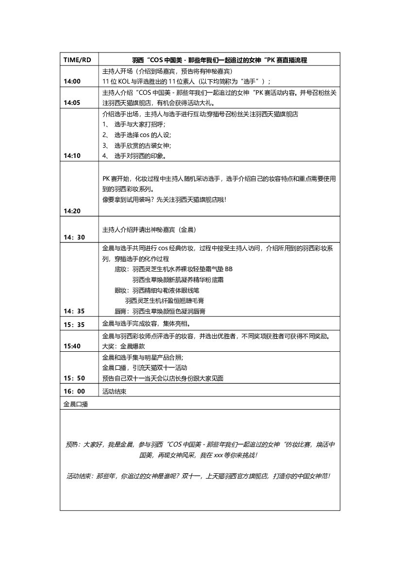2017【羽西】双十一预热直播脚本(活动流程)