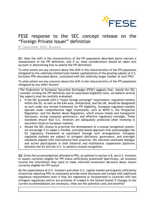 FESE::2025年ESE对SEC关于“外国私人发行人”定义的概念发布作出的回应报告(英文版)
