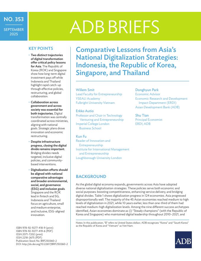 ADB亚洲开发银行:2025年亚洲国家数字化战略的比较教训报告:印度尼西亚、韩国、新加坡和泰国(英文版)
